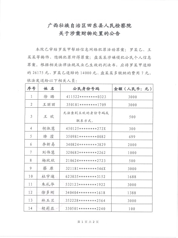广西壮族自治区田东县人民检察院 关于涉案财物处置的公告1.jpg